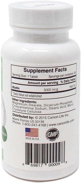 Carson Life Biotin Supplement, 60 Tablets for Men and Women, Promotes Hair Growth, Advanced Formula Made in The USA