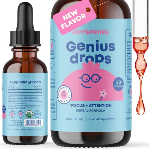 JoySpring Genius Drops Smartberry Vanilla - Liquid Herbal Focus Supplement for Kids, Helps Kids Perform Better in School
