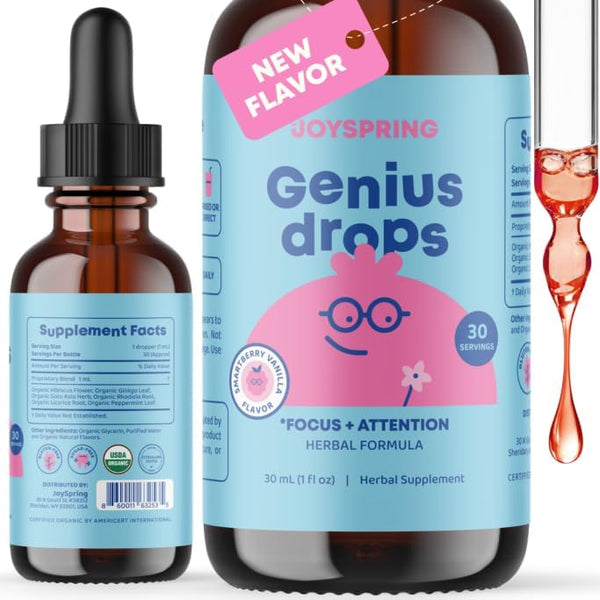 JoySpring Genius Drops Smartberry Vanilla - Liquid Herbal Focus Supplement for Kids, Helps Kids Perform Better in School