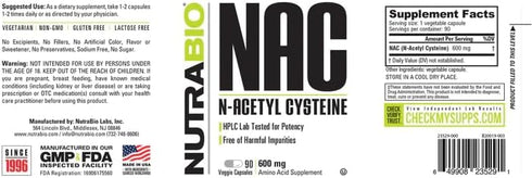 NutraBio N-Acetyl Cysteine Supplement (NAC) - 90 Capsules, 600mg Each, Powerful Anti-Oxidant for Immune Support