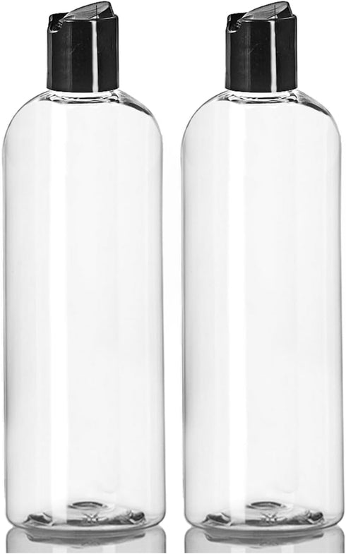 ljdeals 16 oz Clear Plastic Bottles with Black Disc Top Caps, Squeezable Refillable Containers, Pack of 2, BPA Free