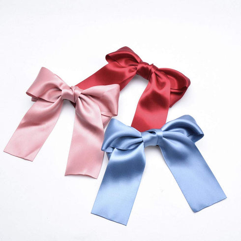 Set of 8 Big Satin Solid Ribbon French Barrette - Large Soft Silky Hair Bow Clip for Women