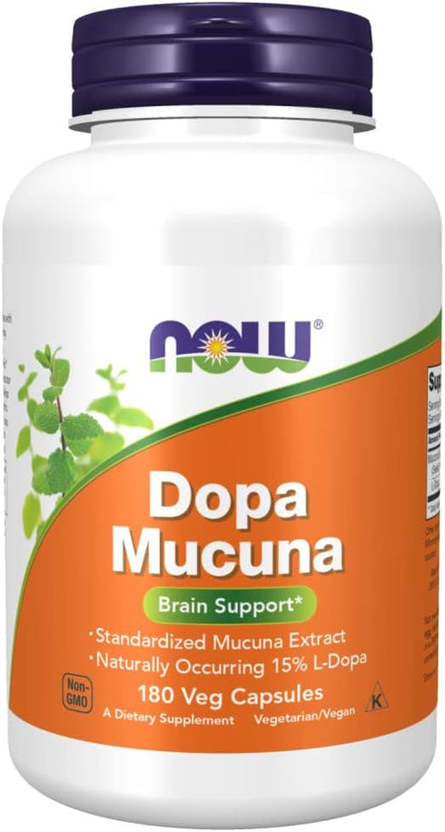 NOW Supplements DOPA Mucuna, Standardized Mucuna Extract with 15% L-Dopa, 180 Veg Capsules