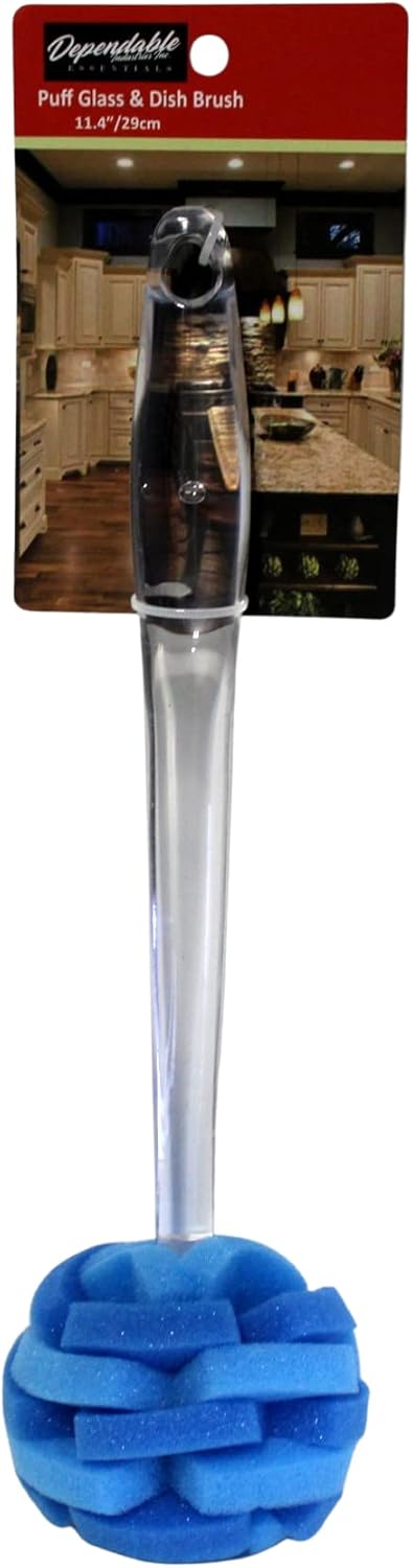 Soft Touch Kitchen Glassware Multi-Purpose Sponge Puff Dish Brush 11.5" with Clear and Comfortable Ergonomic Handle (1) by Dependable Industries inc. Essentials