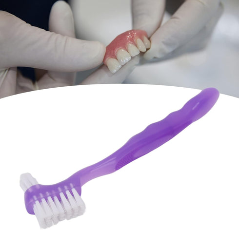 Portable False Teeth Cleaning Brush, Elderly Denture Brush with Container for Home Travel (Purple)