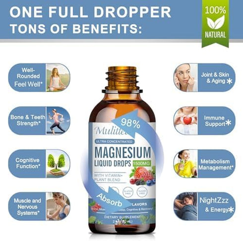 Magnesium Glycinate Liquid Drop, Triple Absorption Supplement, Sugar-Free, with Potassium, 1 Pack