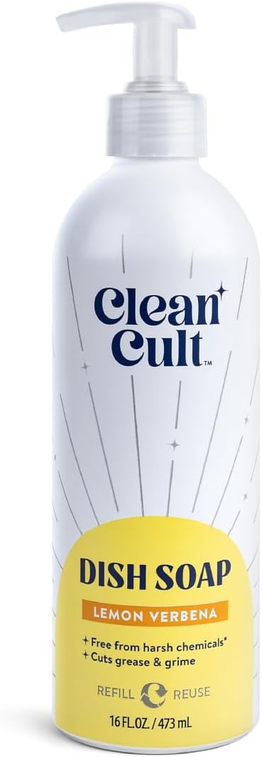 Cleancult Lemon Verbena Liquid Dish Soap, Refillable Aluminum Bottle, 16 oz
