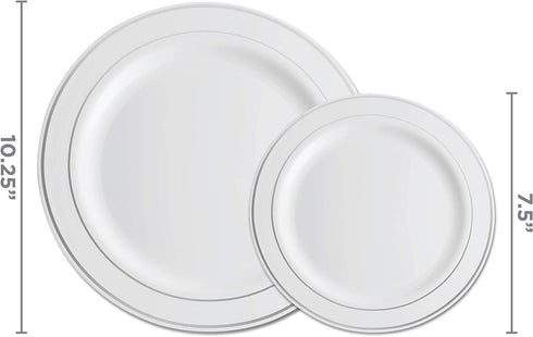 125 Piece Silver Dinnerware Party Set - 50 Silver Rim Plastic Plates, 25 Dinner 25 Dessert Plates, 25 Knives, 25 Forks, 25 Spoons - 25 Guest Disposable Set for Wedding Birthday Parties by Munfix