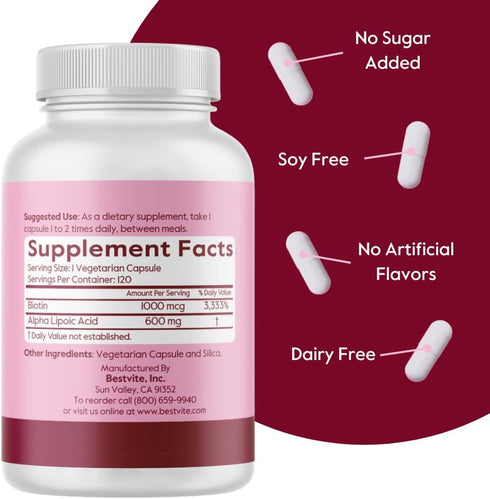 Alpha Lipoic Acid 600mg per Capsule with Biotin, 120 Vegetarian Capsules, No Fillers