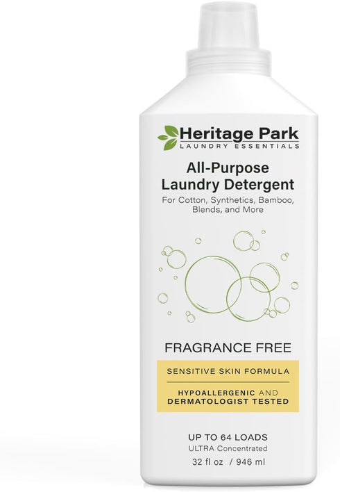 Heritage Park All-Purpose Laundry Detergent, Fragrance Free, Hypoallergenic, 32 fl oz, 64 Loads