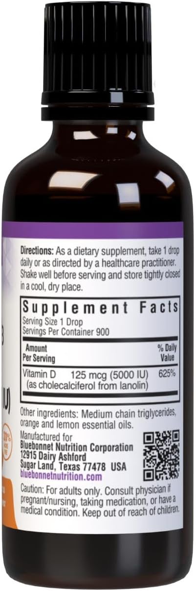 Bluebonnet Nutrition Liquid Vitamin D3 Drops, 5000 IU, 1 Fl Oz (Pack of 1), Non-GMO, Gluten Free