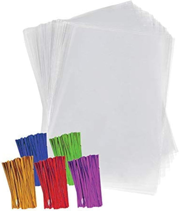 Purple Q Crafts Clear Plastic Cellophane Bags, 100 Pack with 4" Colored Twist Ties for Gifts