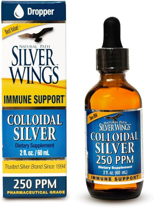 Natural Path Silver Wings Colloidal Silver Liquid, Enhanced Immune Support Supplement, 250ppm, 2oz Dropper