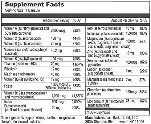 BariatricPal Multivitamin ONE - 1 per Day! Bariatric Multivitamin Capsule with 18mg Iron (30 Count)