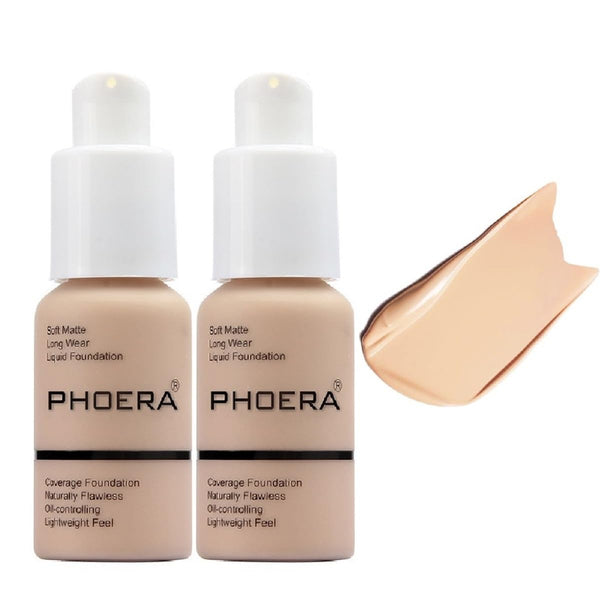 2 Pack PHOERA Foundation - Flawless Soft Matte 24HR Oil Control Full Coverage Makeup (102 Nude-30m)