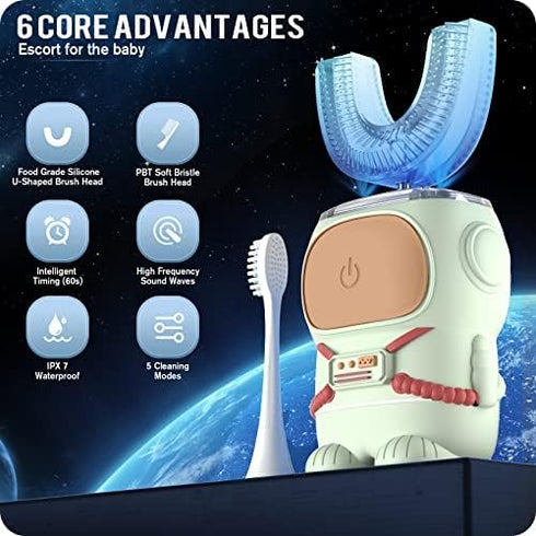 Ultrasonic Kid's U-Shaped Electric Toothbrush, IPX7 Waterproof, 5 Cleaning Modes, 60S Smart Reminder (Cartoon