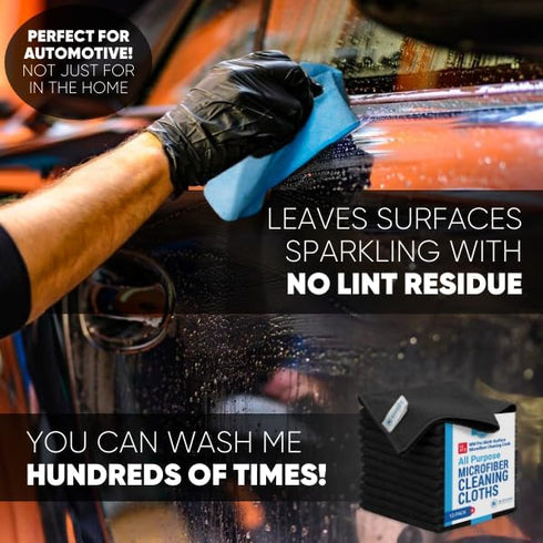12" x 12" Pro Multi-Surface Microfiber Cleaning Cloths | Black - 12 Pack | Premium Towels for Glass and Kitchens