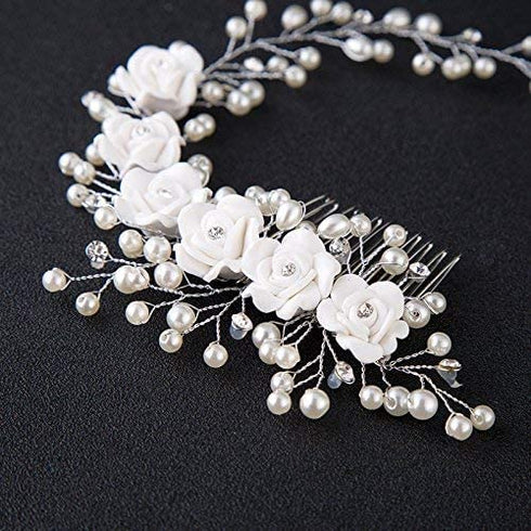 Kercisbeauty Wedding Bridal Pearl White Rose Flower Headband, Silver Hair Comb for Prom, Rustic Vintage Accessory