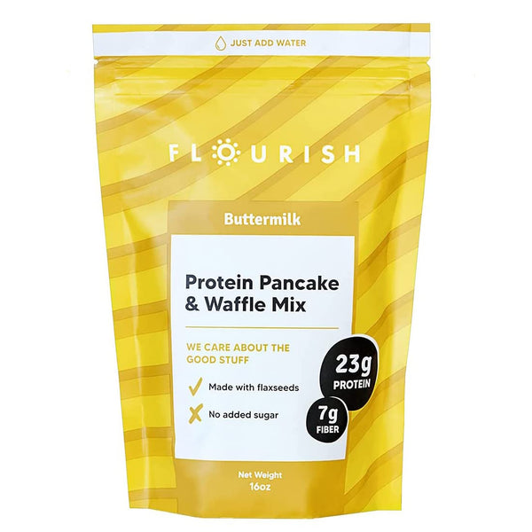 Flourish Protein Pancake & Waffle Mix, 16oz, Buttermilk, Non-GMO, High Protein & Fiber, Just Add Water, Whey Protein