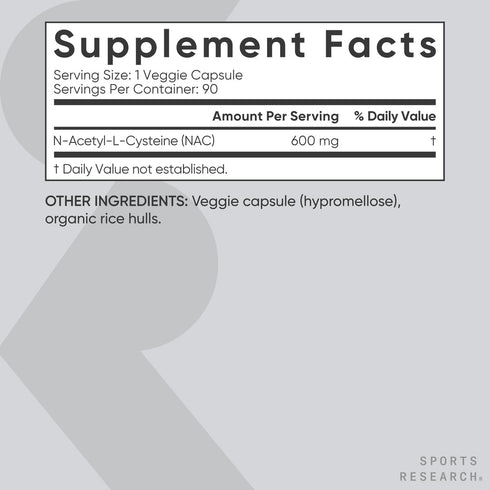 Sports Research N-Acetyl L-Cysteine (NAC) 600mg, 90 Veggie Capsules - Vegan, Non-GMO, Gluten Free with Lemon Aroma