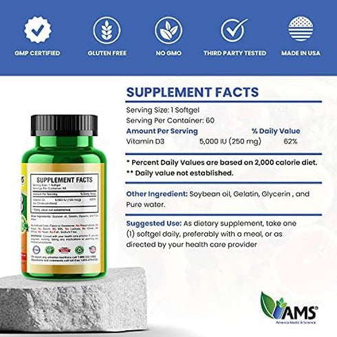 America Medic & Science Xtra D3 Vitamin D 5,000 IU, Supplement for Bone & Immune Health (60 Softgels)
