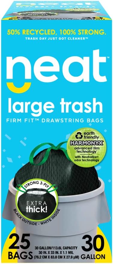 Neat Tall Kitchen 30 Gallon Drawstring Trash Bags, 25 COUNT, Eco-Friendly 50% Recycled Material, Odor Technology