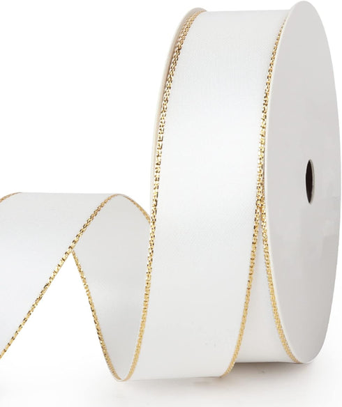 VIVIQUEN White Double Faced Satin Ribbon with Gold Edge, 1” x 25 Yards for Gift Wrapping & Floral Arrangement