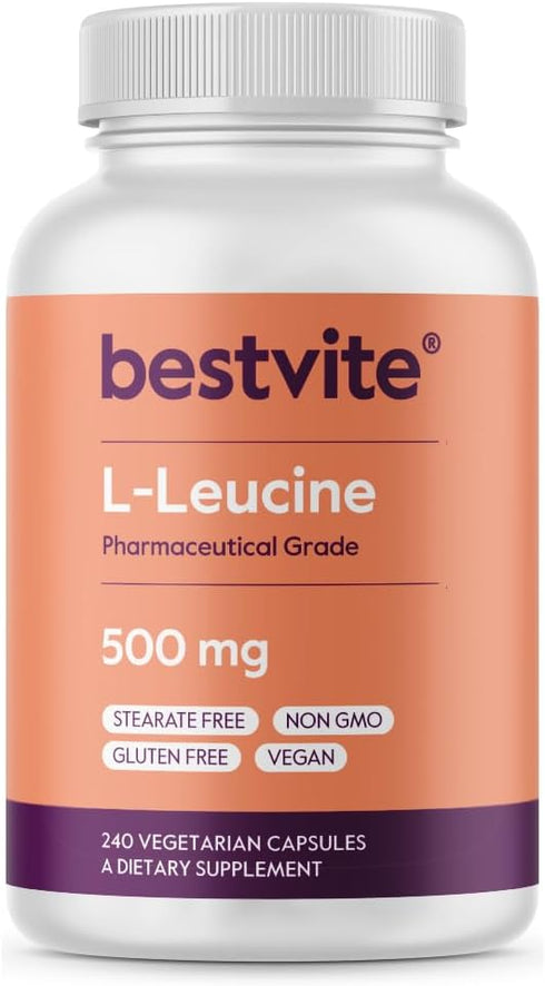 BESTVITE L-Leucine 500mg per Capsule, 240 Vegetarian Capsules, Vegan, Non-GMO, Gluten Free