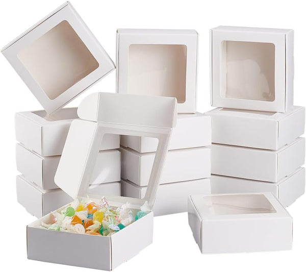 BENECREAT 20 Pack White Kraft Paper Boxes with Clear Window, 3.6x3.6x1.4, Gift Packaging for Bakery Cookies Cake Candy