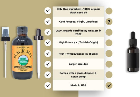 Organic Black Seed Oil 4oz - Cold Pressed, Unrefined, High Thymoquinone, Vegan Omega 3 6 9