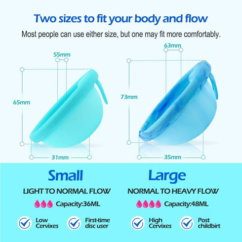 Mascoto Set, Pack 2 12-Hour Reusable Menstrual Disc of Soft Medical-Grade Silicone, Leak-Resistant Design, Easy Removal
