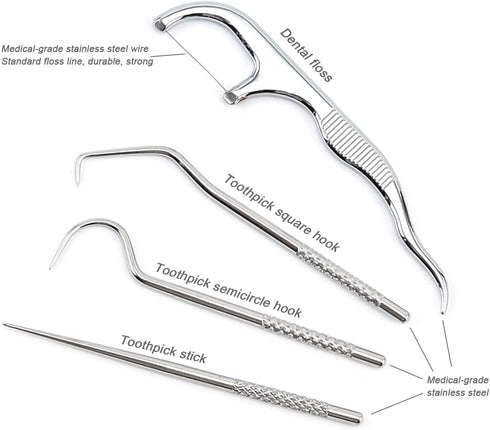 Toothpicks Pocket Set - Reusable Dental Floss Picks Kit, Stainless Steel Teeth Cleaning Tools for Adults, Travel Oral