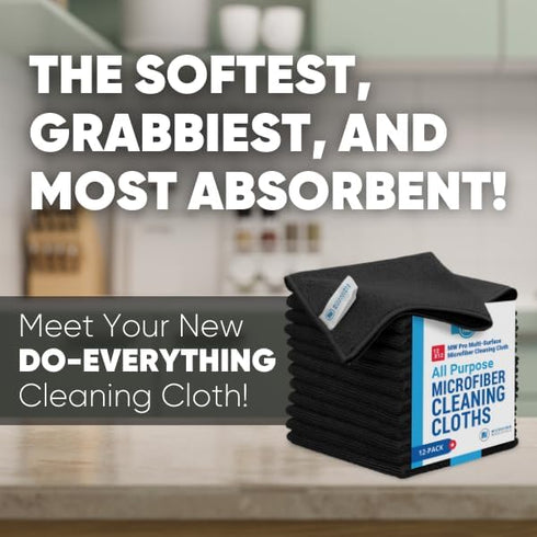 12" x 12" Pro Multi-Surface Microfiber Cleaning Cloths | Black - 12 Pack | Premium Towels for Glass and Kitchens