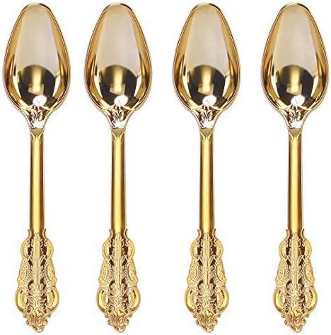 WDF 100 Piece Gold Plastic Spoons, 6.93 Inch Heavy Duty Disposable Silverware for Dessert Cake, Party or Daily Use
