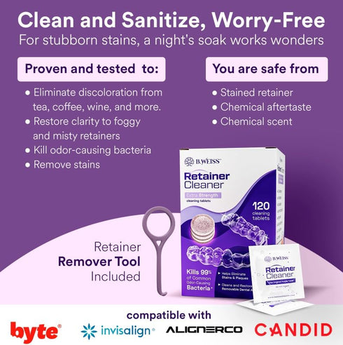 Retainer Cleaner Tablets, Invisalign Cleaner, Remove Stains, Odors & Plaque, Night Guard Cleaner, 120 Tablets,