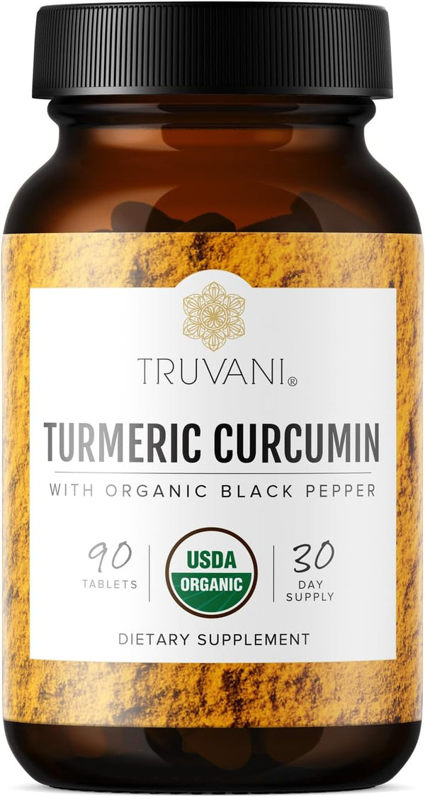 Truvani Organic Turmeric Curcumin Tablets 1,350 mg Each - Natural Joint Support with Black Pepper for Absorption, 90