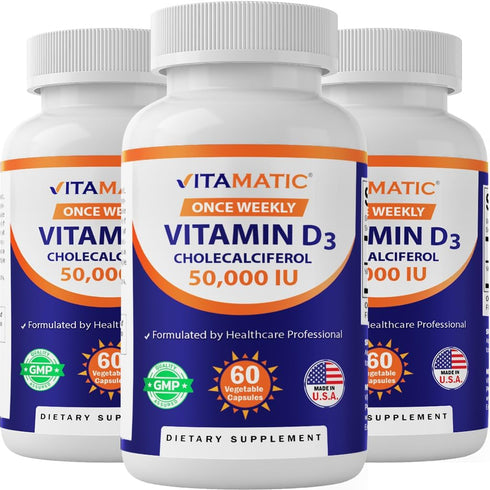 Vitamatic 3 Pack Vitamin D3 50,000 IU, Once Weekly Dose, 60 Veggie Capsules for Vitamin D Deficiencies