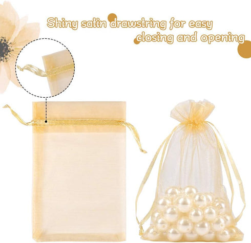 HRX 100pcs Gold Organza Gift Bags, 4 x 6 inch Candy Mesh Drawstring Favor Pouches for Wedding Christmas Party