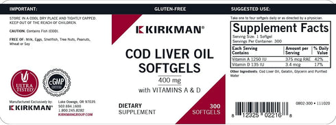 Kirkman - Cod Liver Oil with Vitamin A & D - 300 Softgels, Essential Fatty Acids