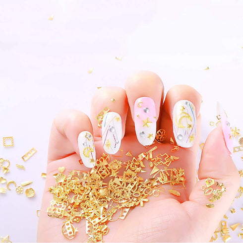 WOKOTO 6 Boxes Gold Nail Charms Studs, 3D Nail Art Jewelry Decoration Kit with Tweezers and Picker Pencil
