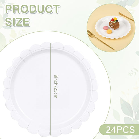 Houuqe 24 9 Inch Pieces White Paper Plates Scalloped Dessert Plates Disposable White Cake Plate for Baby Shower