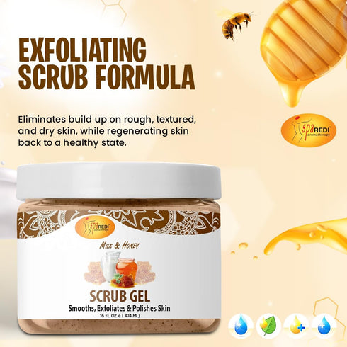 SPA REDI Exfoliating Scrub Pumice Gel, Milk and Honey, 16 Oz - Body Exfoliator with Hyaluronic Acid
