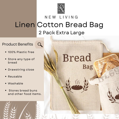 New Living 2 Pack 44x35 cm Organic Linen Cotton Bread Bags | Extra Large | Reusable Bread Storage Bags