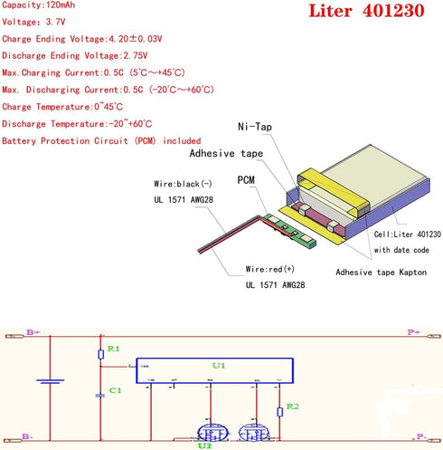 3.7V Lipo Battery 120mAh, Rechargeable Lithium Polymer 401230 with Two Lines