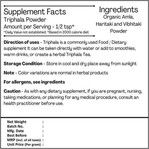 Just Jaivik 100% Organic Triphala Powder, 227 gm / 0.5 lb, Supports Immunity & Digestive Functions