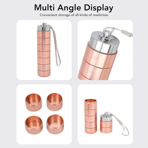 Metal Pill Organizer - Stackable Weekly Travel Medicine Box, Portable Waterproof Aluminum Alloy with Lanyard Rose Gold