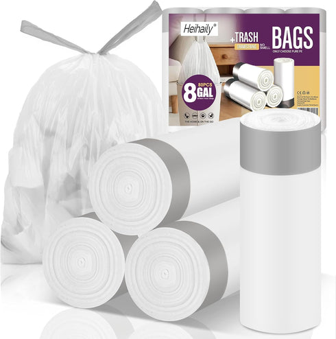 heihaily 8-Gallon Garbage Bags Medium Drawstring-Trash-Bag - 80 Counts Strong Heavy Duty Unscented