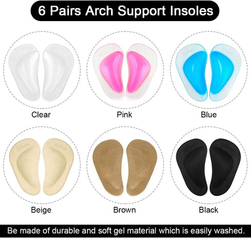 Dr. Foot's Arch Support Shoe Insoles for Flat Feet, Gel Inserts for Plantar Fasciitis, 6 Colors - 6 Pairs