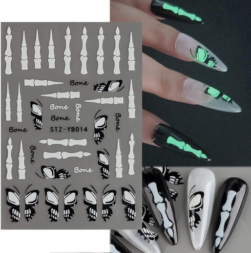 6 Sheets Halloween Nail Art Stickers, Luminous 3D Self Adhesive Glow in The Dark Designs for Halloween Nail Decorations