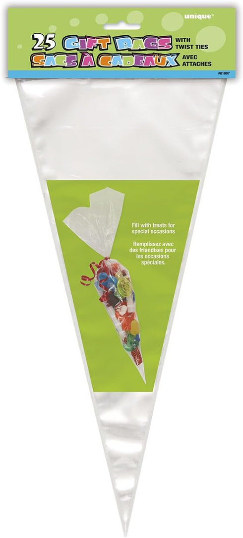 Clear Cellophane Cone Bags, Large & Transparent, Pack of 25 for Treats, Gifts & Parties